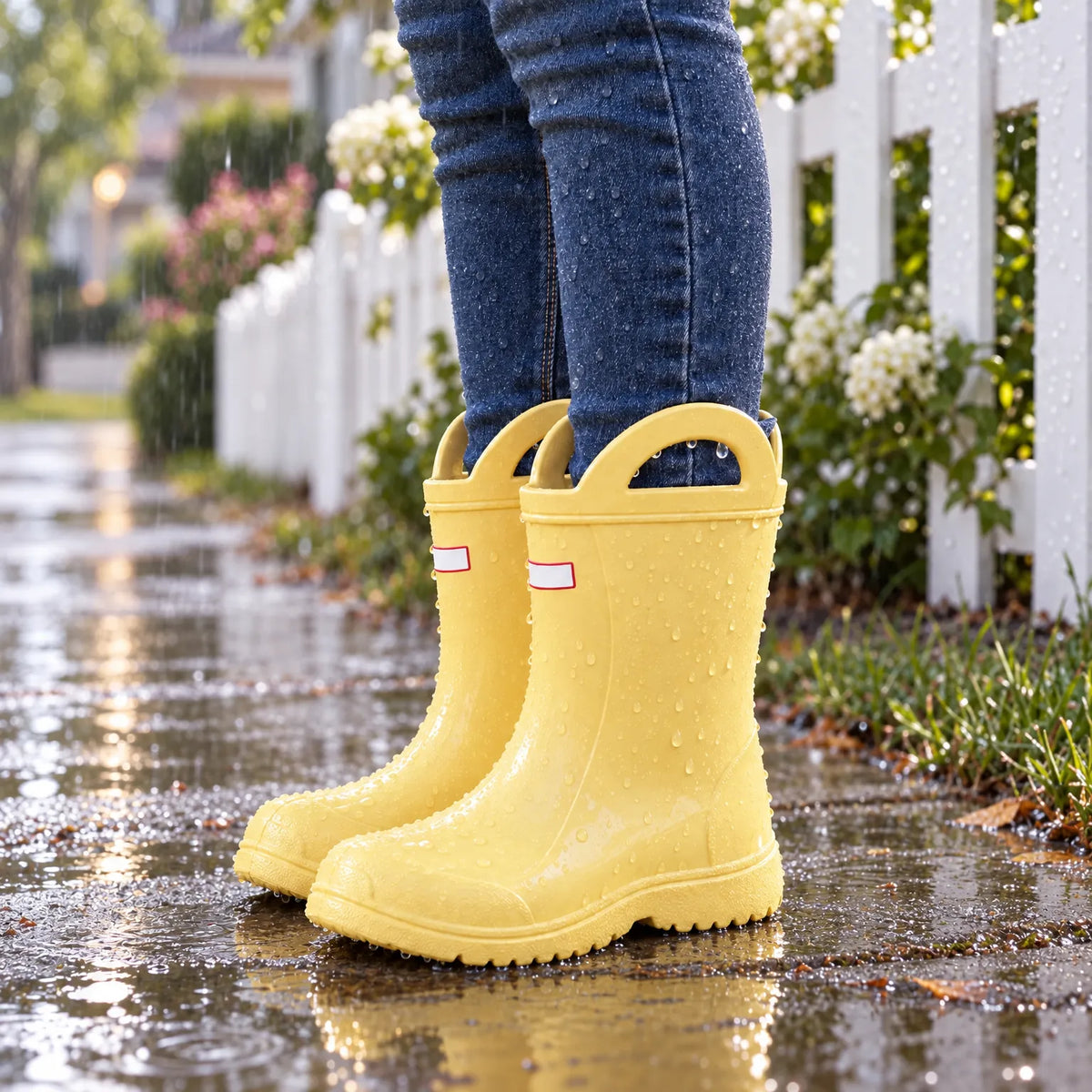 Child standing in yellow wellies with top handles on a rain-soaked pavement beside a white picket fence, dressed in jeans. 1