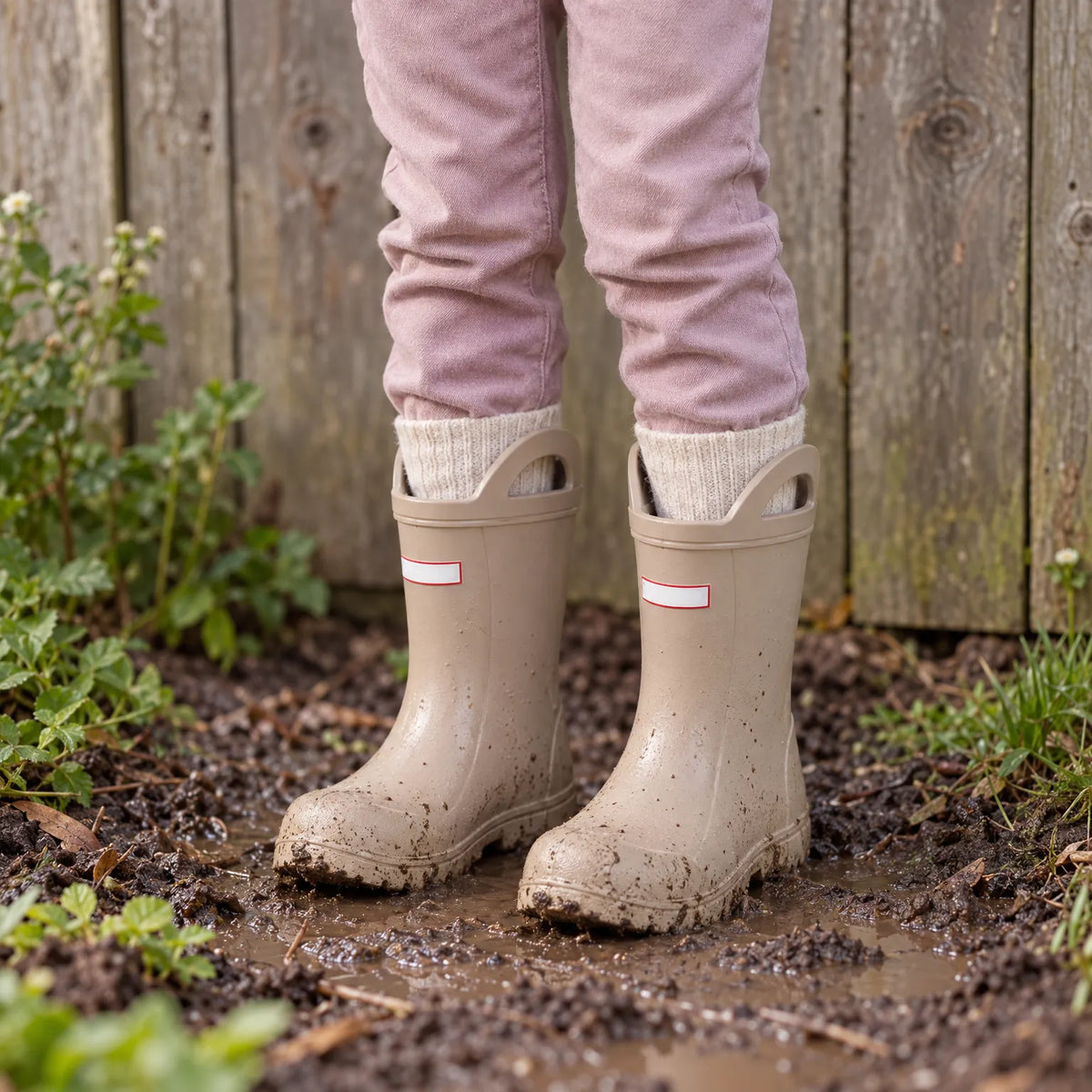 Child wearing muddy beige wellies with handles and cream socks, standing in a muddy garden patch by a wooden fence. 3