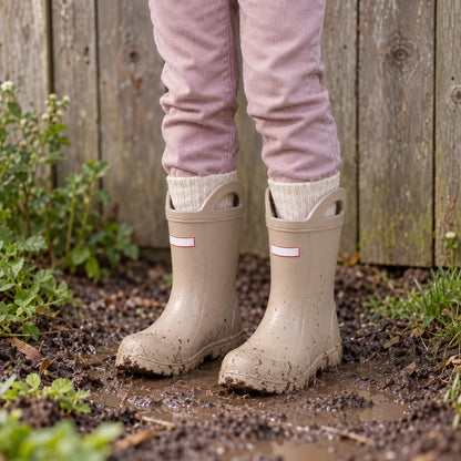 Child wearing muddy beige wellies with handles and cream socks, standing in a muddy garden patch by a wooden fence. 3