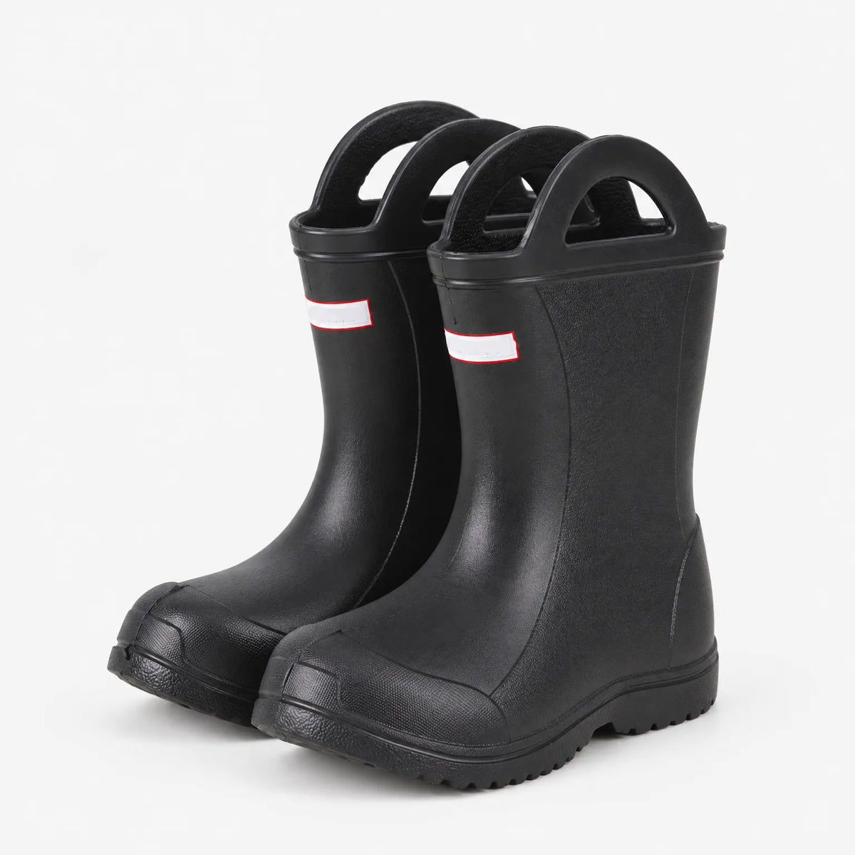 Pair of black wellies with handles photographed at an angle, showing the side, rounded toe cap and ridged sole. 5