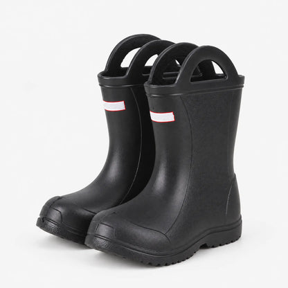 Pair of black wellies with handles photographed at an angle, showing the side, rounded toe cap and ridged sole. 5