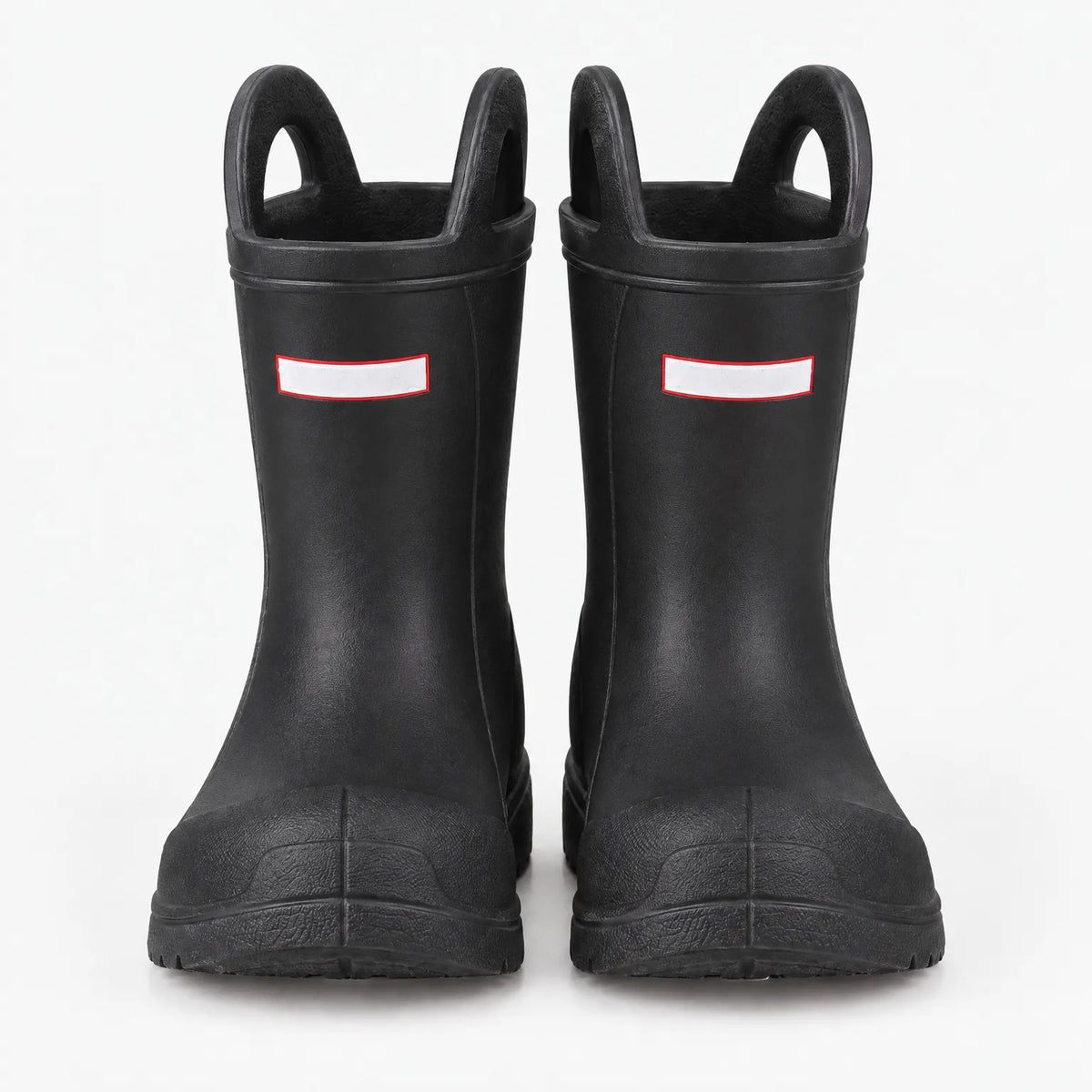 Front view of a pair of black wellies with two top handles, blank white tabs and moulded toe caps. 8
