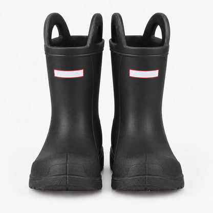 Front view of a pair of black wellies with two top handles, blank white tabs and moulded toe caps. 8
