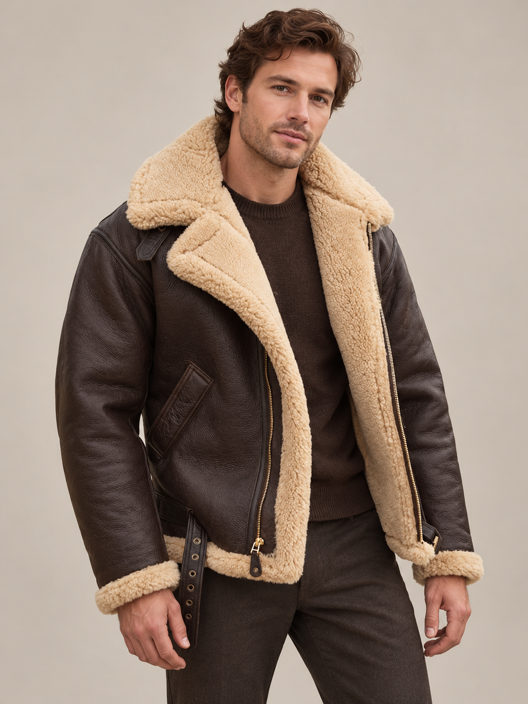 Model in dark brown leather jacket with cream shearling lining, open collar, worn over a knit jumper 1