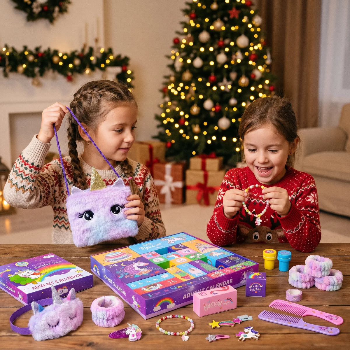 Two girls in Christmas jumpers by a lit tree open the unicorn advent box and its gifts 1