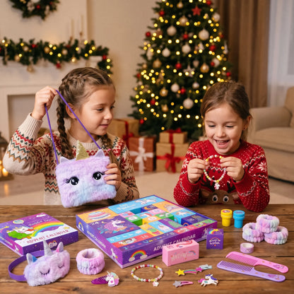 Two girls in Christmas jumpers by a lit tree open the unicorn advent box and its gifts 1