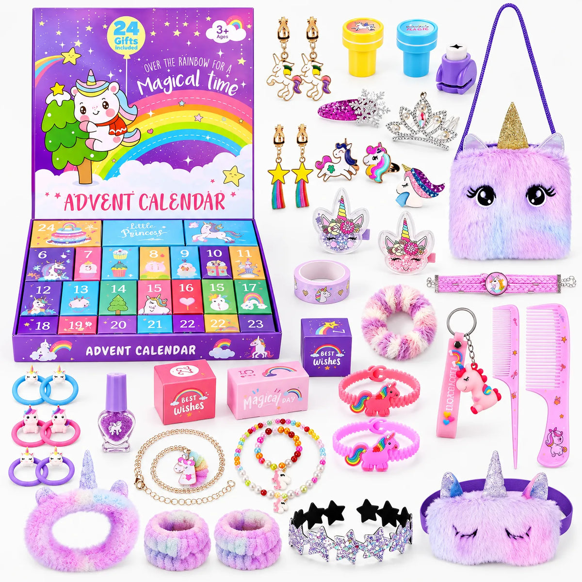 Open purple unicorn advent box with numbered compartments, surrounded by all the gifts it contains 2