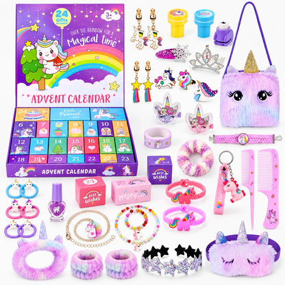 Open purple unicorn advent box with numbered compartments, surrounded by all the gifts it contains 2