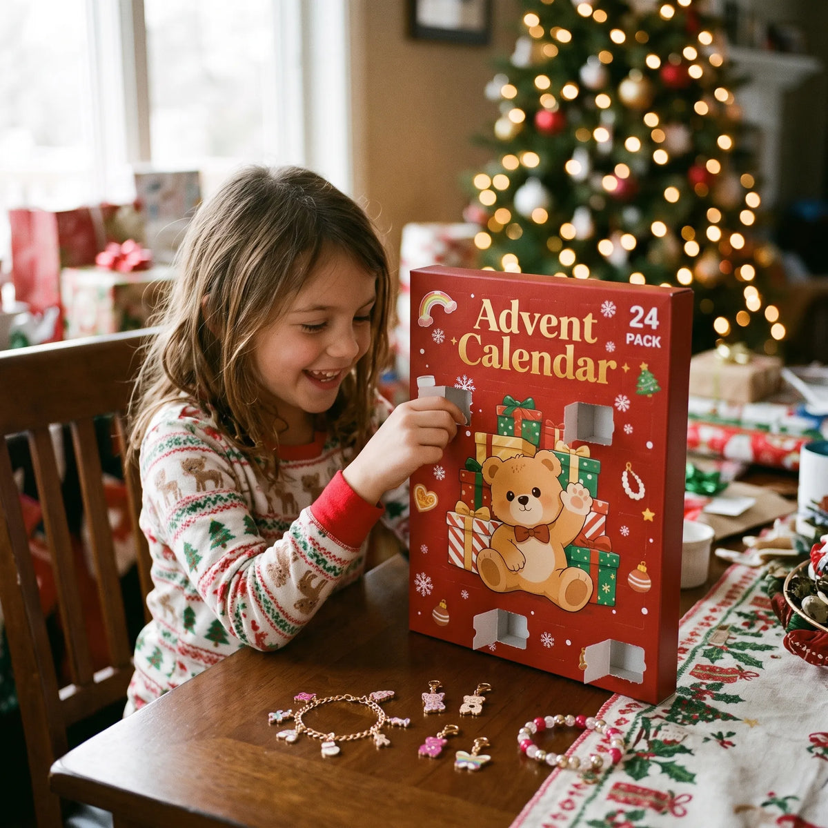Smiling girl in festive pyjamas opening a door on the red teddy bear advent calendar beside a Christmas tree 1