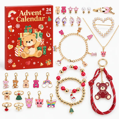 Red teddy bear advent calendar box with its gold-toned charms, rings, earrings, hair clip and beaded bracelets laid out 2