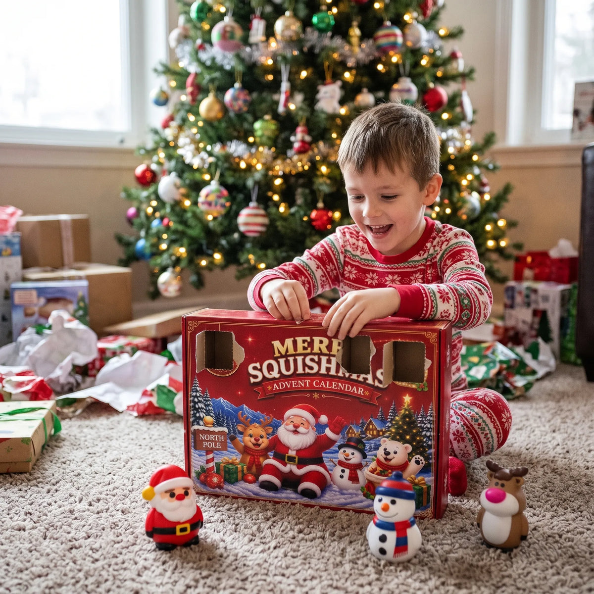 Smiling boy in festive pyjamas opens the red advent calendar box beside a Christmas tree, squishy toys on the carpet 1