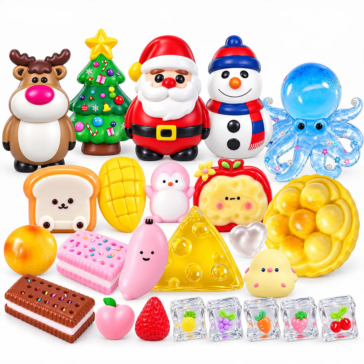 All the squishy toys laid out together, from Christmas figures to food shapes, an octopus and ice cubes 2