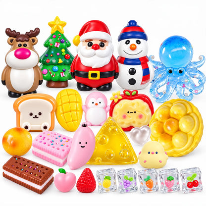 All the squishy toys laid out together, from Christmas figures to food shapes, an octopus and ice cubes 2