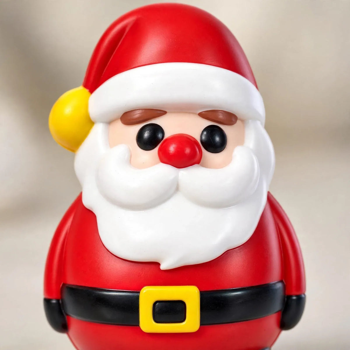 Close-up of the squishy Father Christmas toy, with a red suit, white beard, black belt and yellow buckle 3