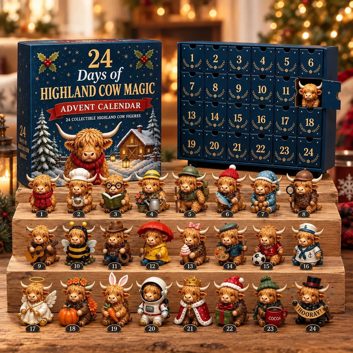 Navy advent calendar box beside its numbered drawers, with 24 costumed Highland cow figures arranged on wooden steps in a festive setting. 1