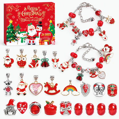 Red and silver set laid flat: boxed calendar, two assembled bracelets and rows of loose Christmas charms and red beads. 5
