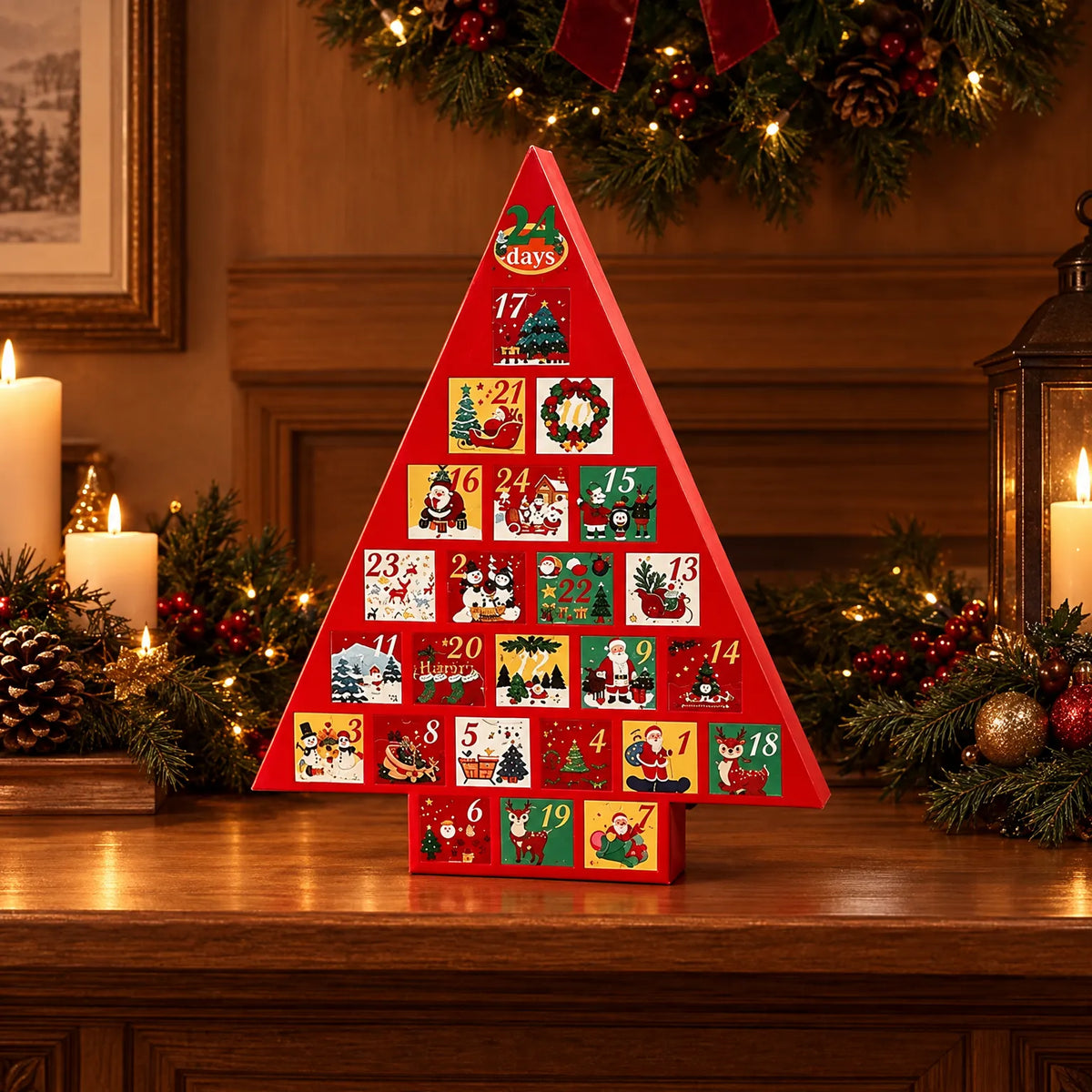 Red tree-shaped advent calendar standing on a wooden mantel, surrounded by candles, pine garlands, baubles and a lantern. 1