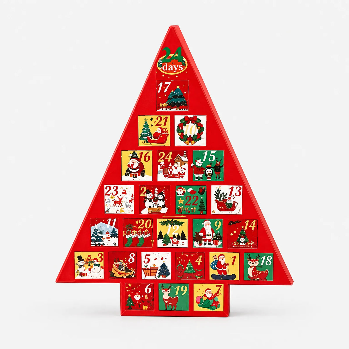 Front view of the red tree-shaped advent calendar on a plain white background, showing numbered festive picture doors in red, yellow, green and white. 2