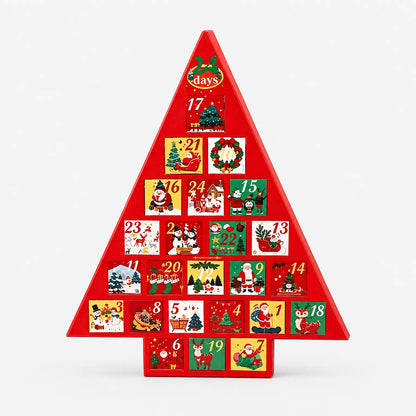 Front view of the red tree-shaped advent calendar on a plain white background, showing numbered festive picture doors in red, yellow, green and white. 2