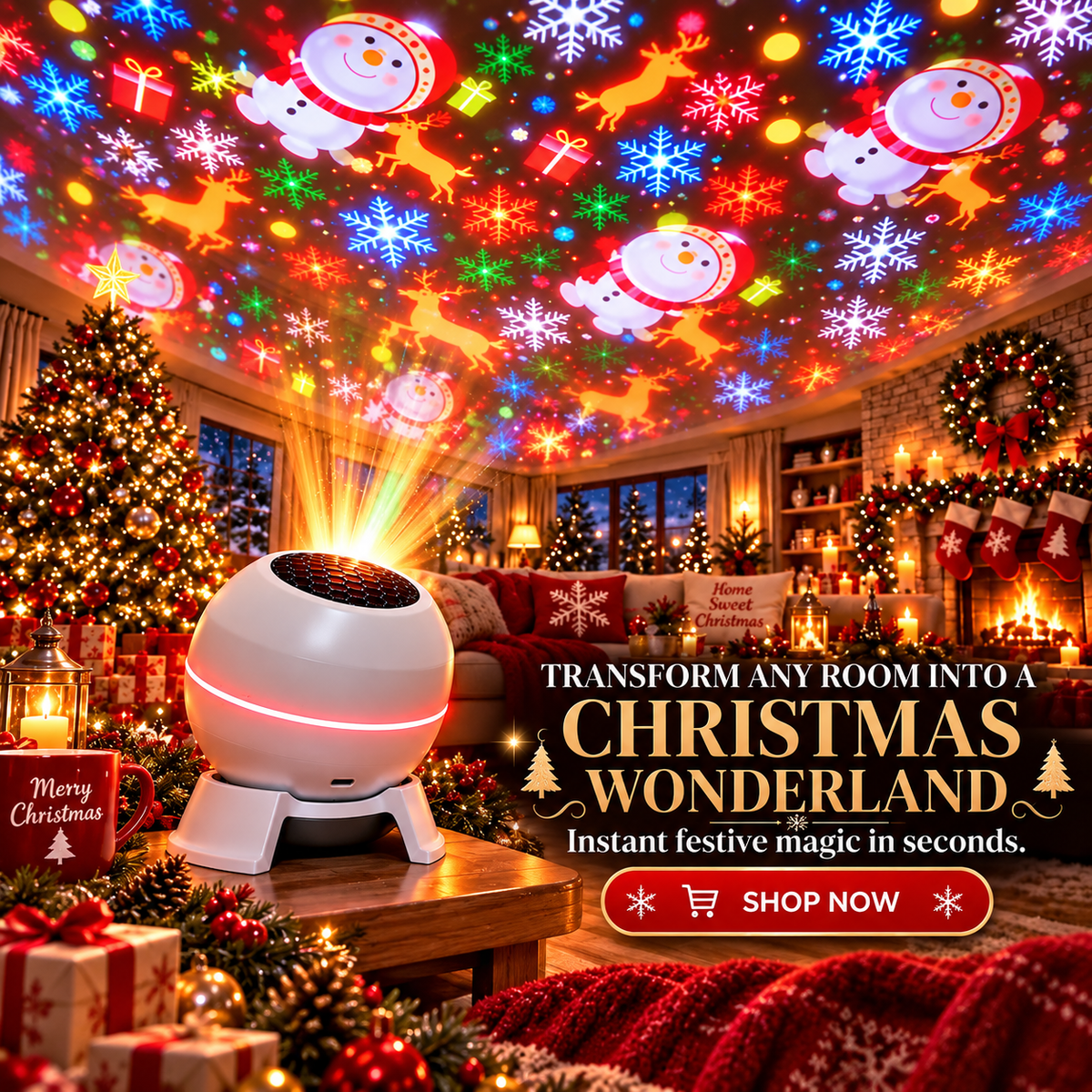 Round white projector on a coffee table casting colourful snowmen, reindeer and snowflakes across the ceiling of a festively decorated living room. 1