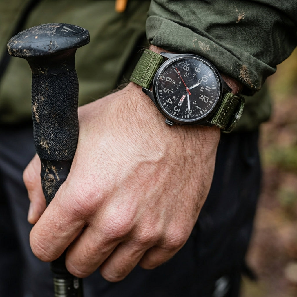 Close-up of the watch worn on a muddy hiker's wrist, hand resting on a trekking pole, olive strap visible. 2