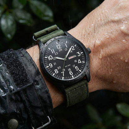 Watch worn on a wrist in the rain, water droplets covering the black case, dial and olive woven strap. 3