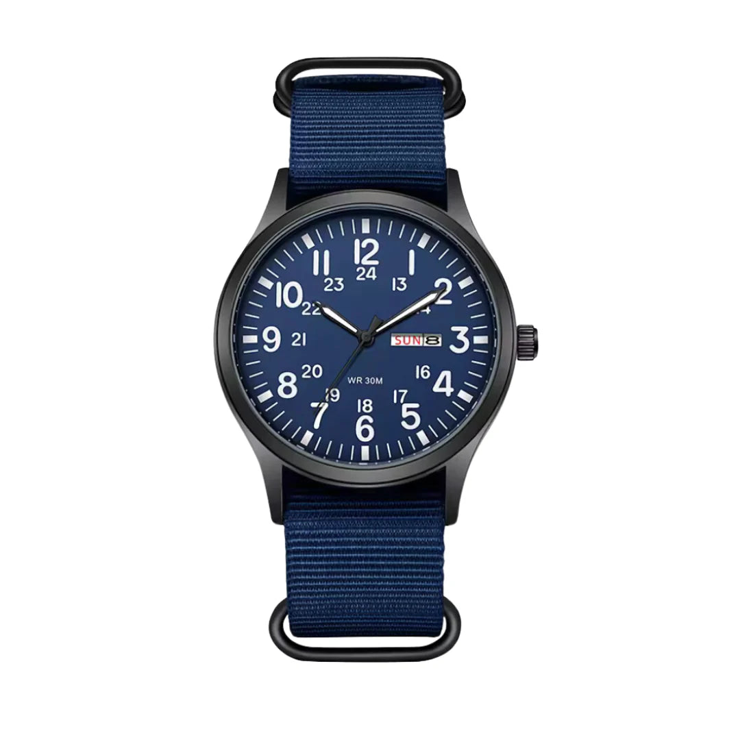 Front view of the version with a navy blue dial, white numerals and a matching navy blue woven strap. 6