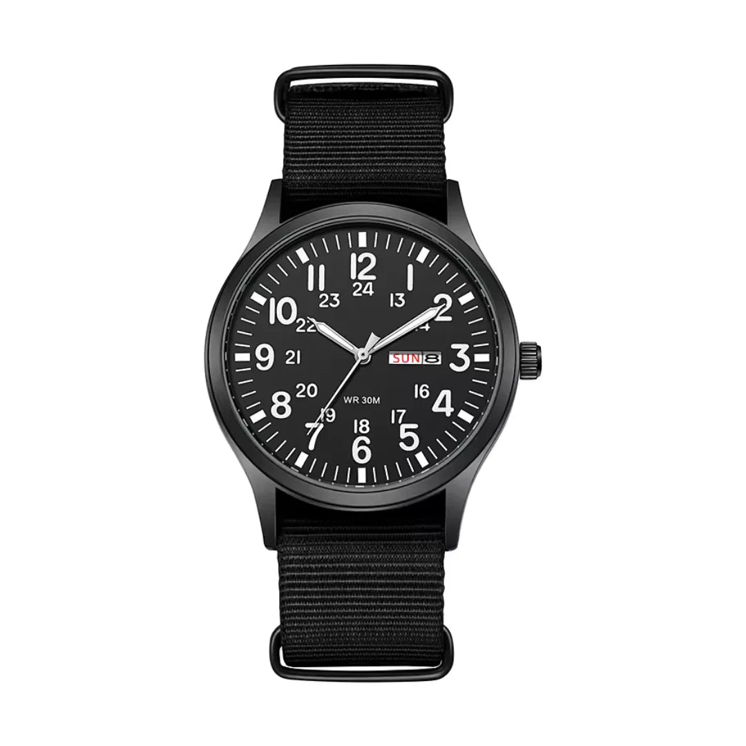 Front view of the all-black version, with black dial, white numerals and a black woven strap. 7