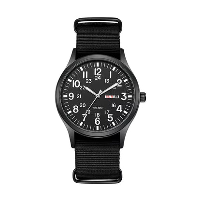 Front view of the all-black version, with black dial, white numerals and a black woven strap. 7