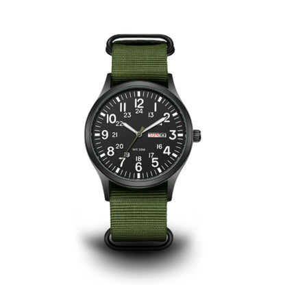 Front view of the field watch with a black dial, 24-hour inner numerals and an olive green woven strap on a white background. 1