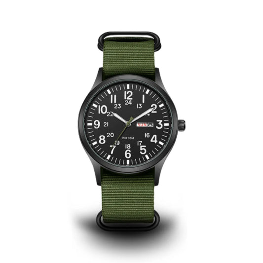 Front view of the field watch with a black dial, 24-hour inner numerals and an olive green woven strap on a white background. 1