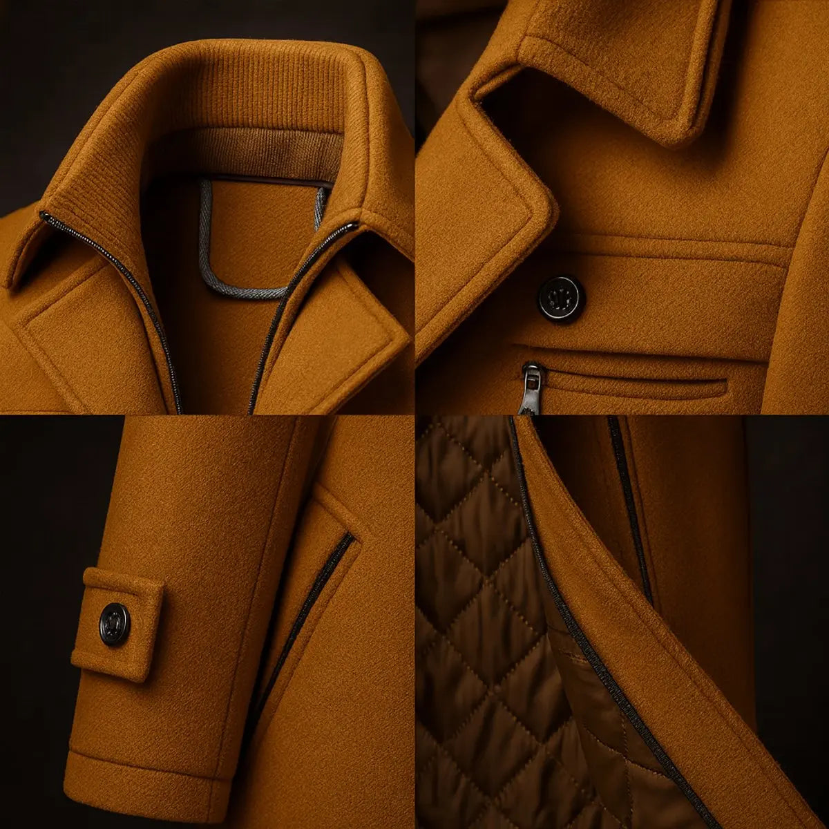 Four close-up details of the tan coat: collar, lapel and pocket, buttoned cuff, quilted lining 2