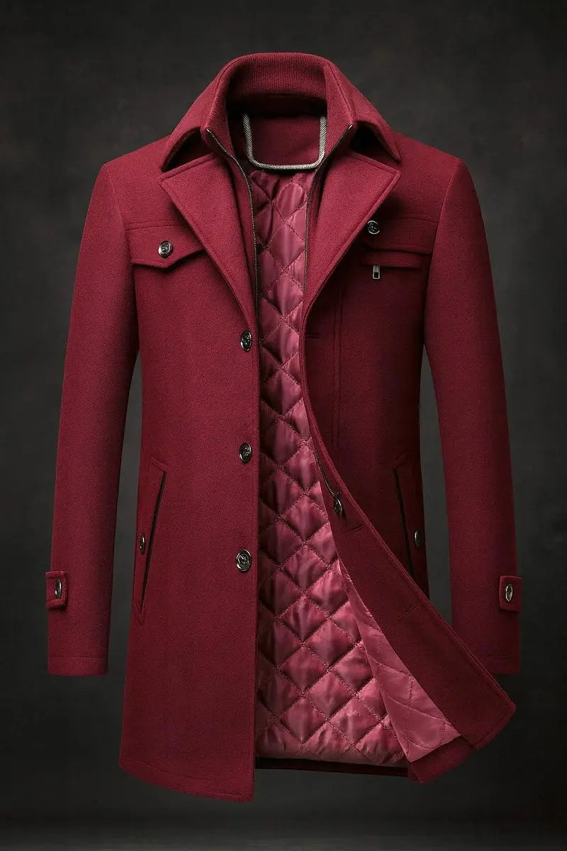 Burgundy version of the coat, open to show pink quilted satin lining and double collar 3