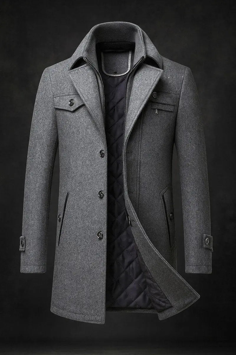 Grey version of the coat, open to show dark quilted lining beneath the double collar 4