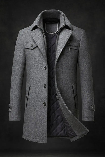 Grey version of the coat, open to show dark quilted lining beneath the double collar 4