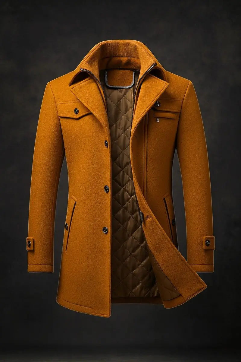 Tan overcoat shown open at the front, revealing quilted lining and a zip-up inner collar 1
