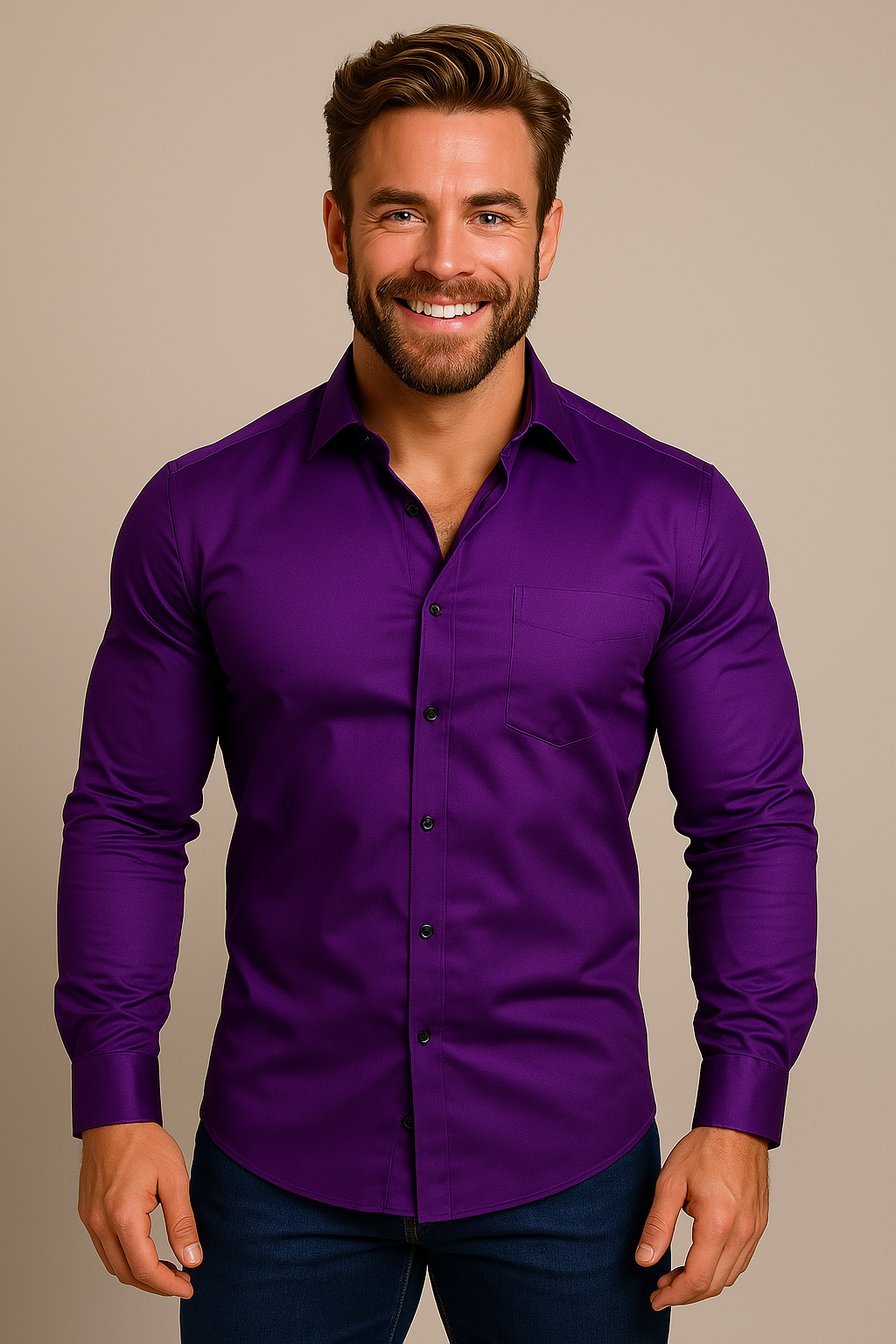 Model wears the purple shirt with black buttons and a chest pocket, over dark blue jeans 6