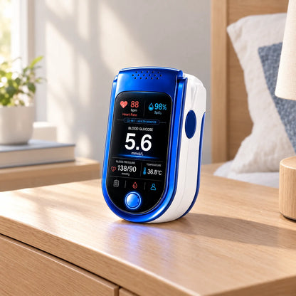 Blue and white finger-clip health monitor standing on a wooden bedside table, its screen showing heart rate, oxygen and glucose readings. 1