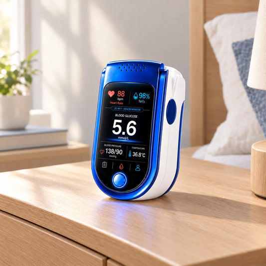 Blue and white finger-clip health monitor standing on a wooden bedside table, its screen showing heart rate, oxygen and glucose readings. 1