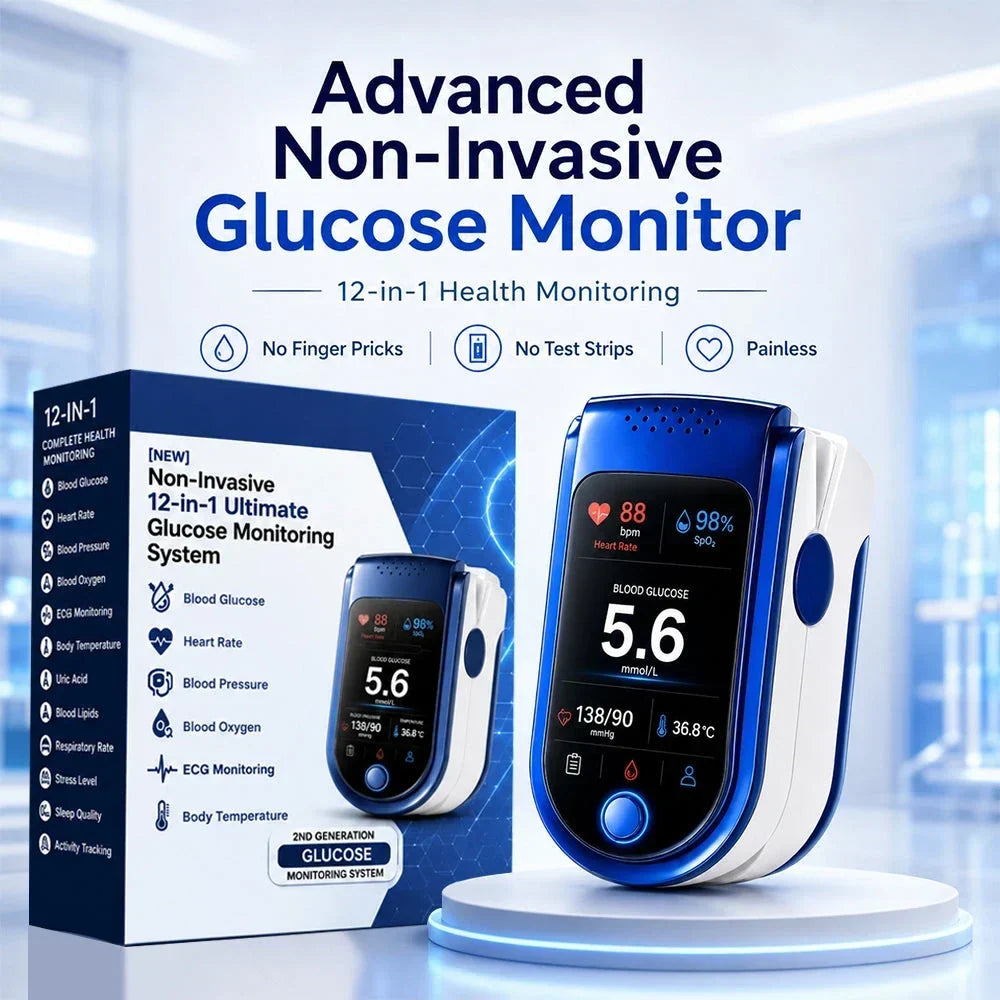 Monitor on a white display stand next to its blue retail box, listing the health measurements the device covers. 11