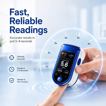 Hand pressing a fingertip into the monitor, with a circular timer dial around it counting from one to eight seconds. 12
