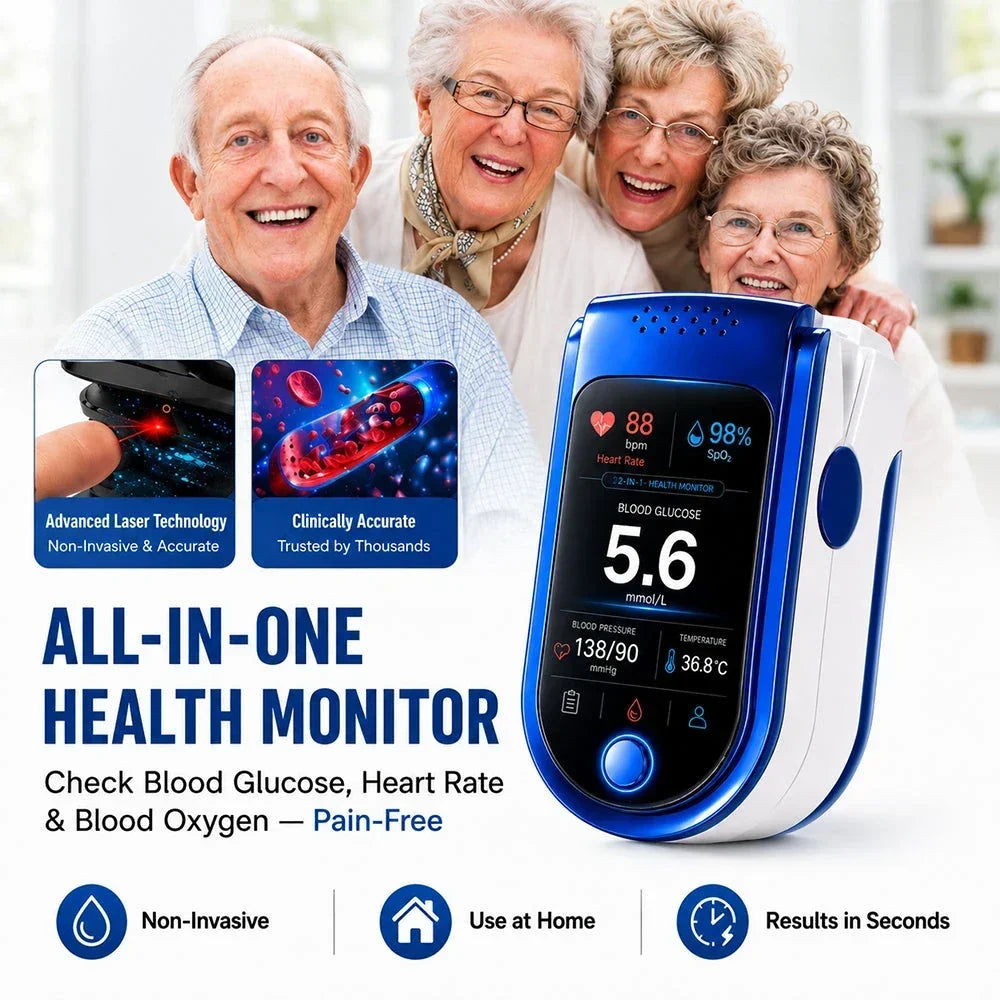 Four smiling older people behind the blue and white monitor, with two close-up inset panels showing the finger sensor and blood cells. 2