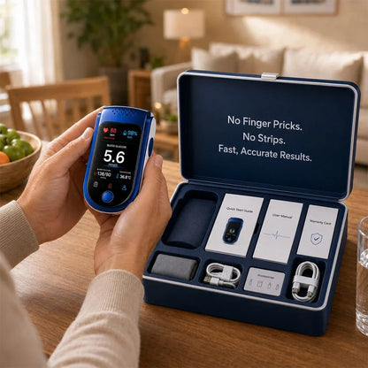 Hands holding the monitor beside an open navy case containing guides, a warranty card, cables, a cuff and accessories. 3