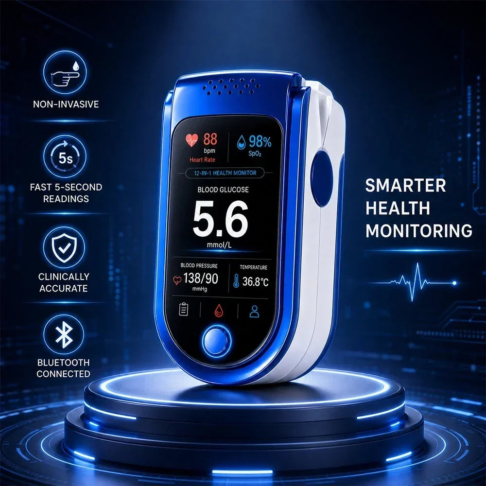 Monitor on a glowing circular podium against a dark blue digital background, surrounded by icons for speed, accuracy and Bluetooth. 7