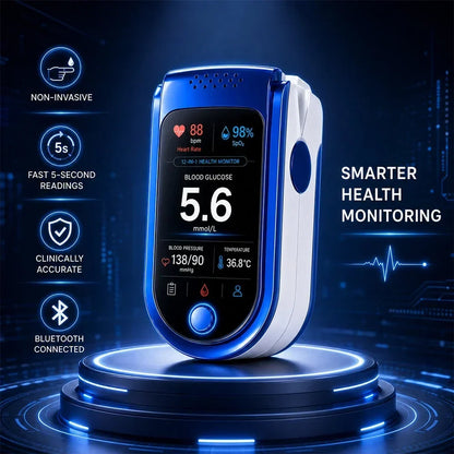 Monitor on a glowing circular podium against a dark blue digital background, surrounded by icons for speed, accuracy and Bluetooth. 7