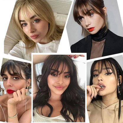 Collage of five women wearing full fringes in blonde, brown and black shades 2