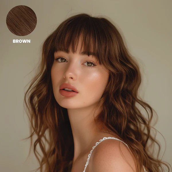 Woman with long wavy brown hair and a full fringe, with a colour swatch 5