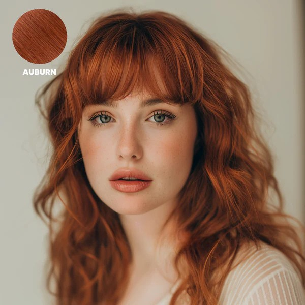 Woman with wavy auburn hair and a full fringe, with a colour swatch 8