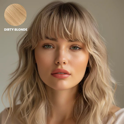 Woman with wavy dirty blonde hair and wispy full fringe, with a colour swatch 1