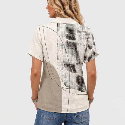 Back view on a model showing the dotted panel, curved beige shape and fine black lines 5